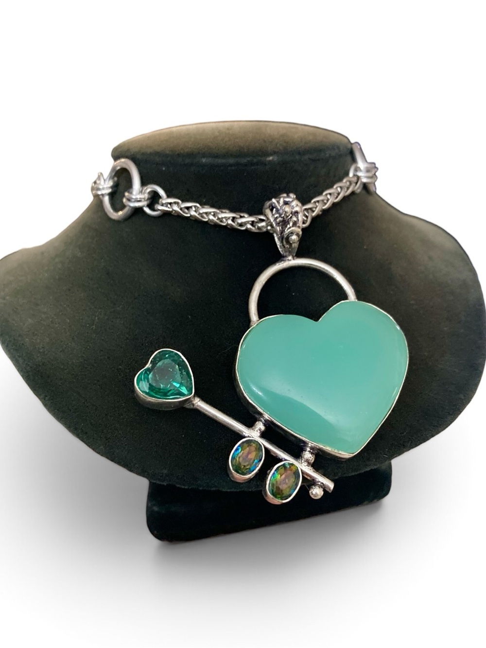 Genuine adventurine heart , mystic topaz arrow boho silver necklace